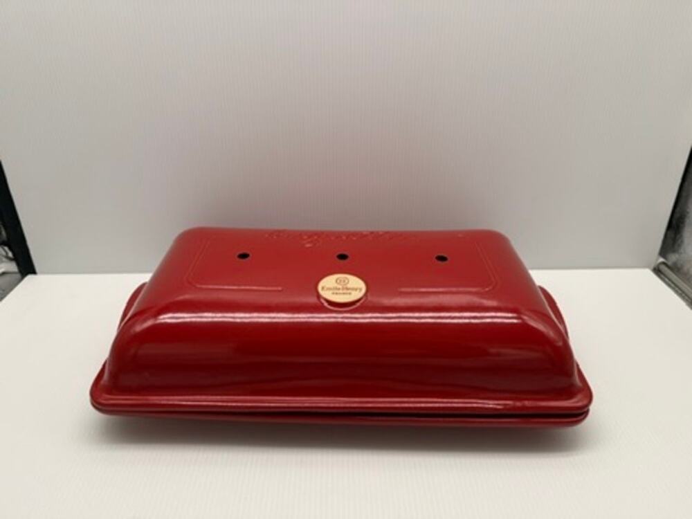 Beautiful Emile Henry France Red Ceramic Baguette Baker 3-Loaf Bread Maker Pan